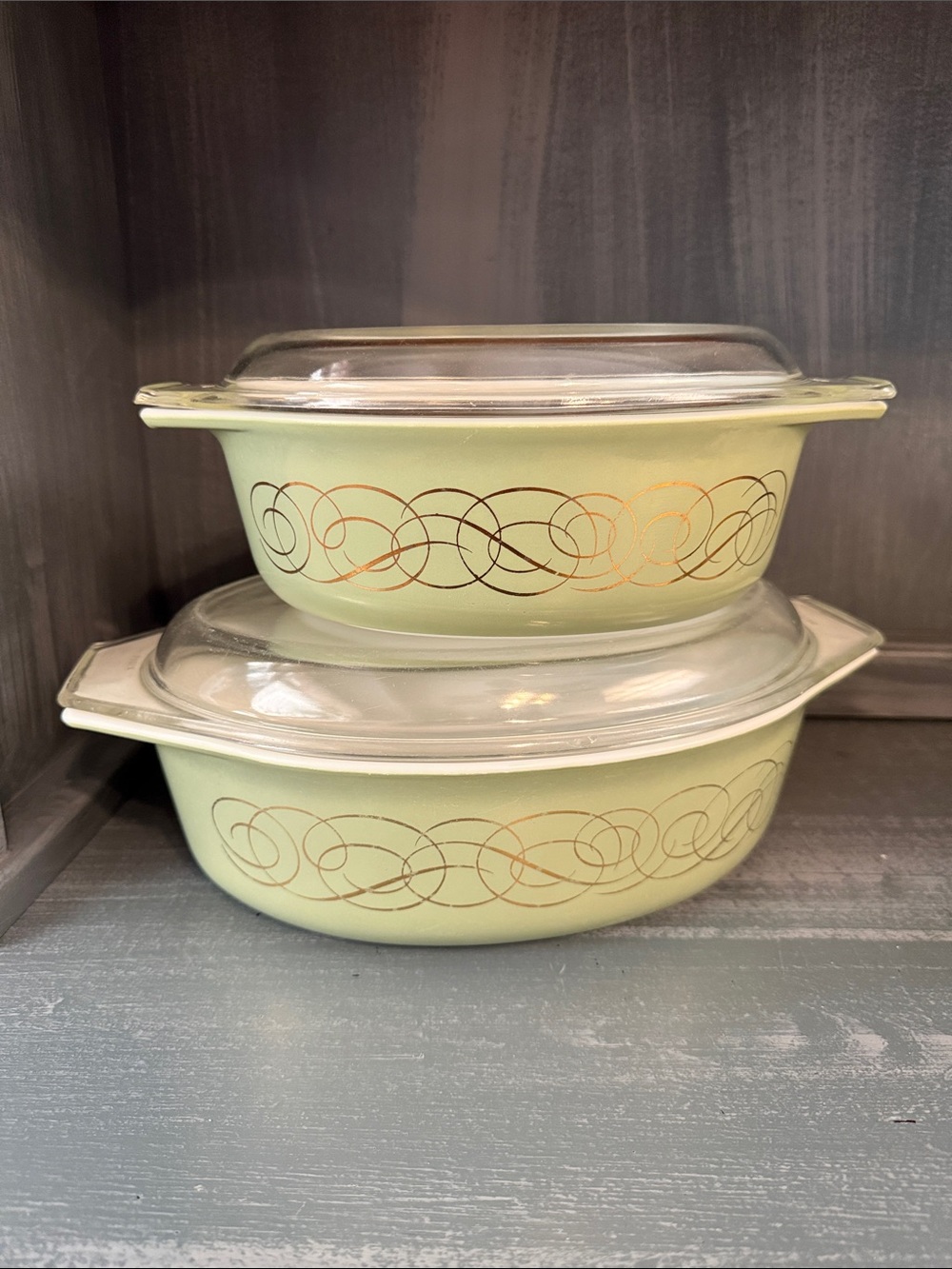 Pyrex Green Golden Scroll Covered Oval Casserole Set